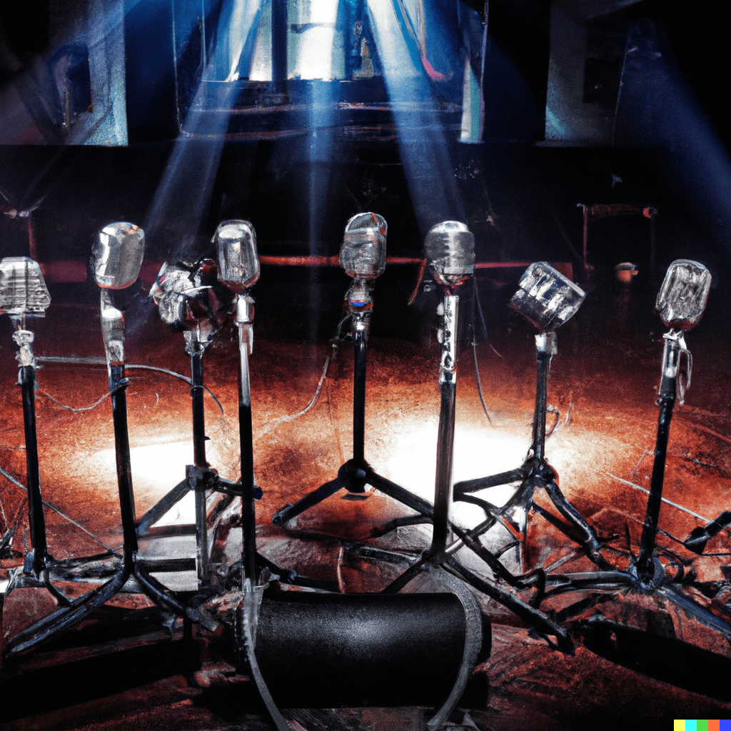 DALL·E 2023-03-10 19.15.03 - A steampunk photo of an empty stage with 5 microphones, lit by two strong lamps