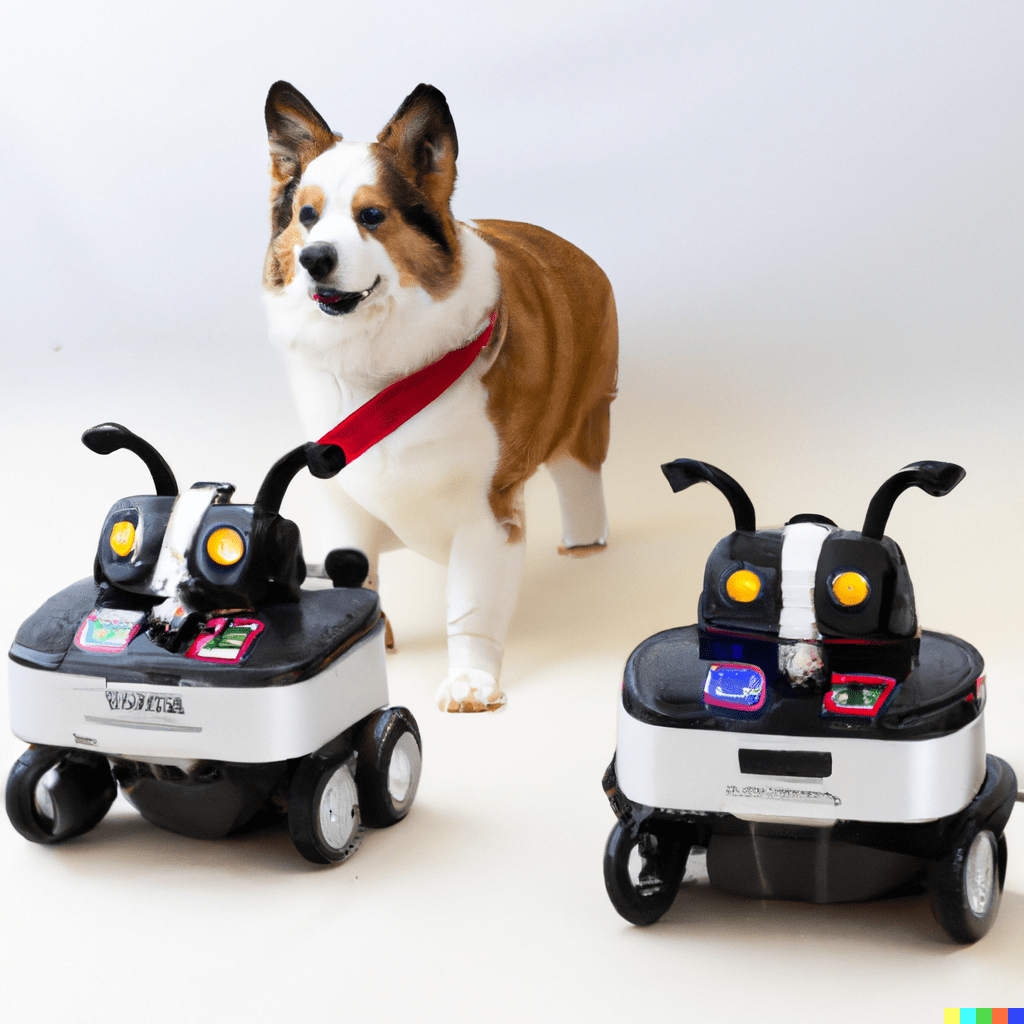 DALL·E 2023-03-10 19.16.45 - a photograph of a robot walking three corgis